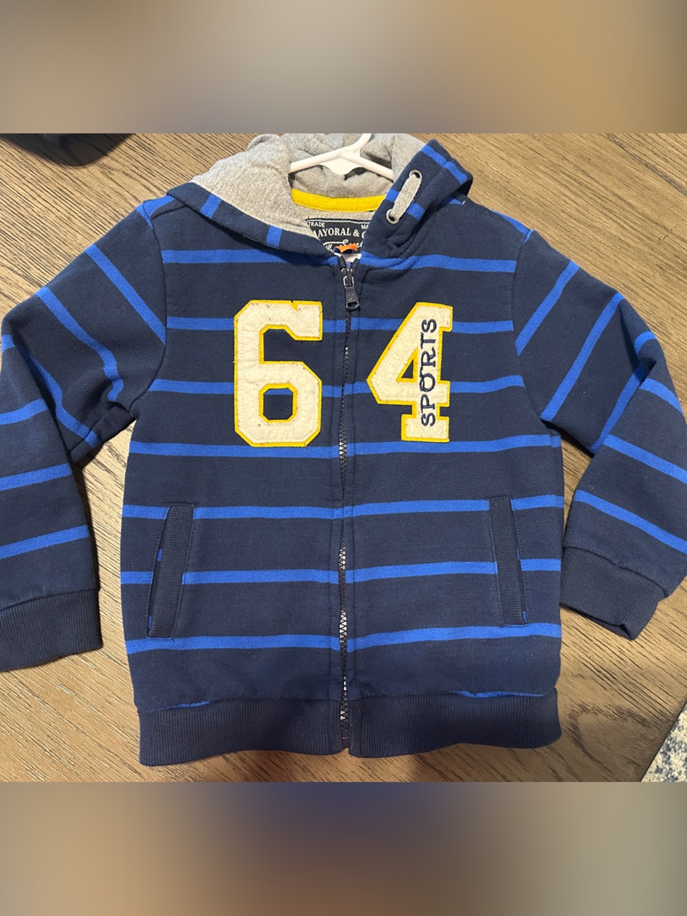 Mayoral Navy & Blue Striped Zip Hoodie with Yellow Patch